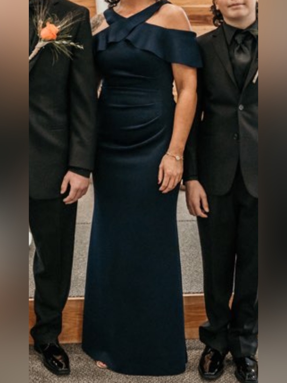 Xscape Navy Off-the-Shoulder Formal Gown